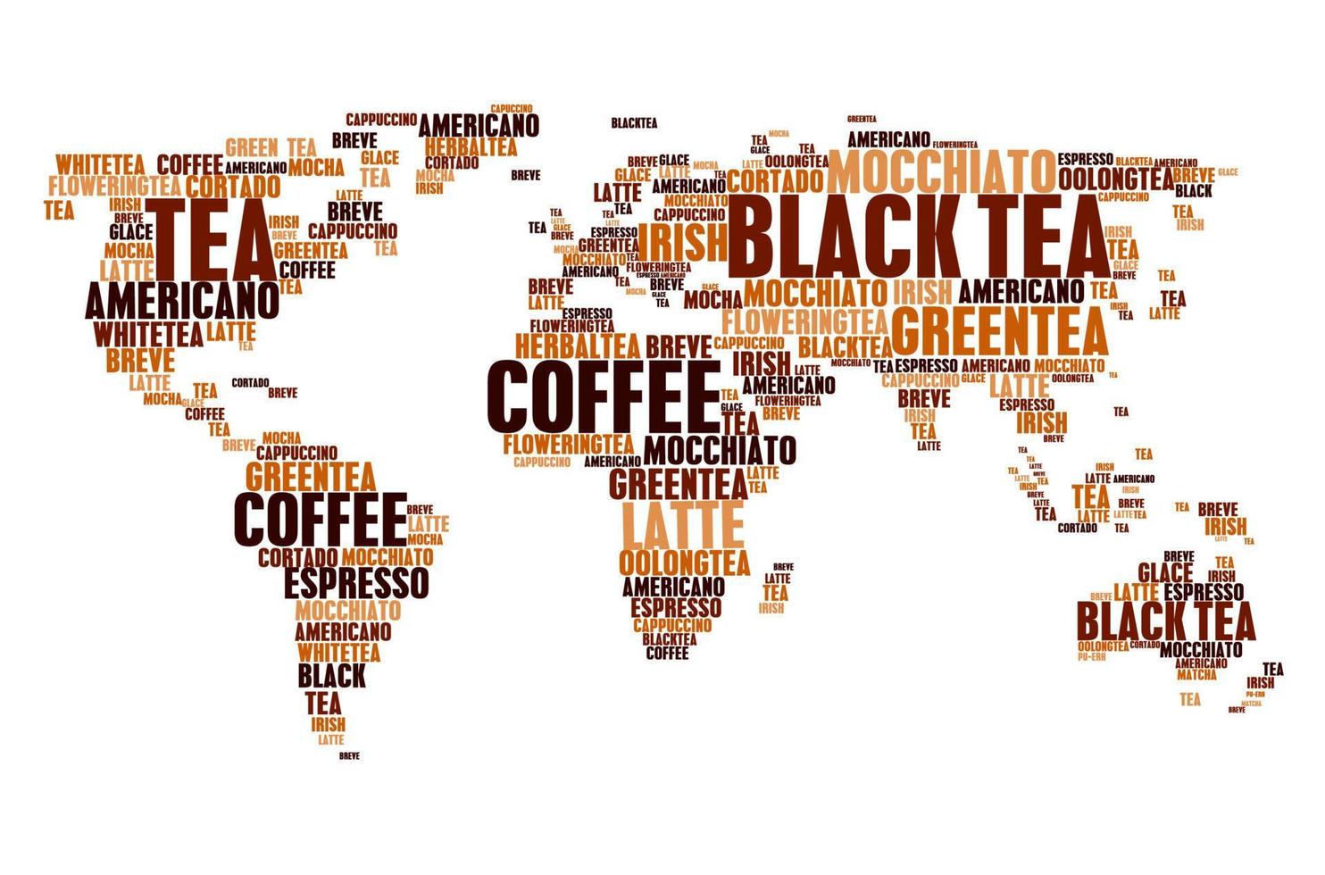 nube etiquetas té café bebidas calientes mundo mapa palabras vector