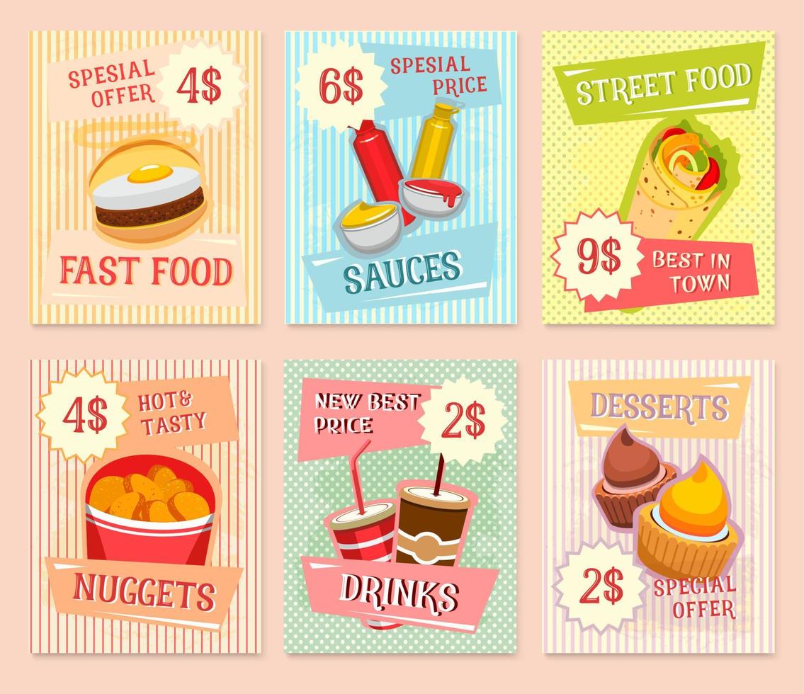 Fast food snacks vector price cards templates