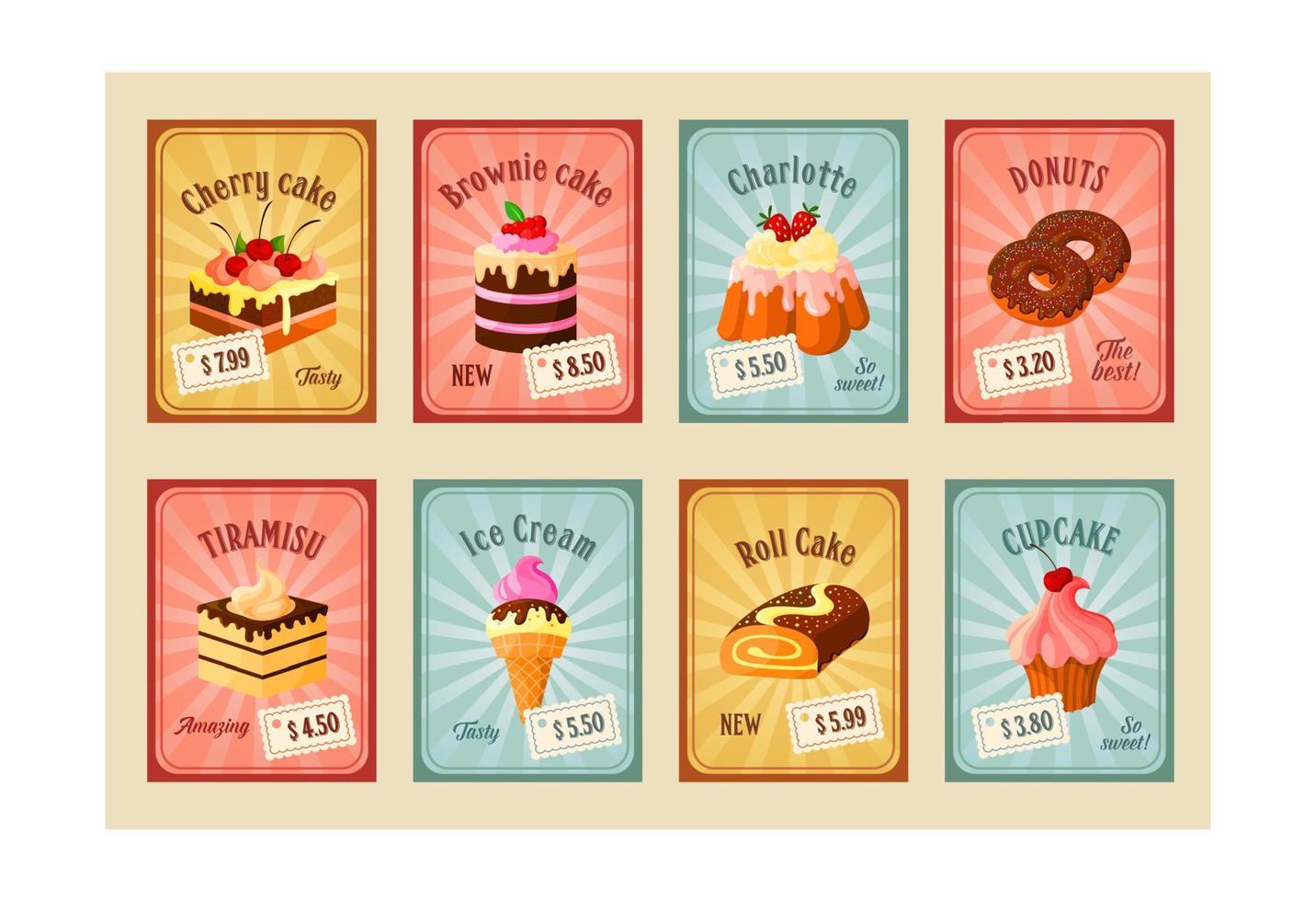 tarjetas de precios vectoriales establecidas para postres de panadería vector