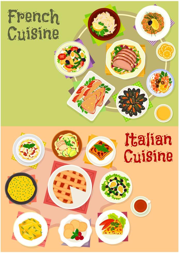 Italian and french cuisine dishes icon set design vector