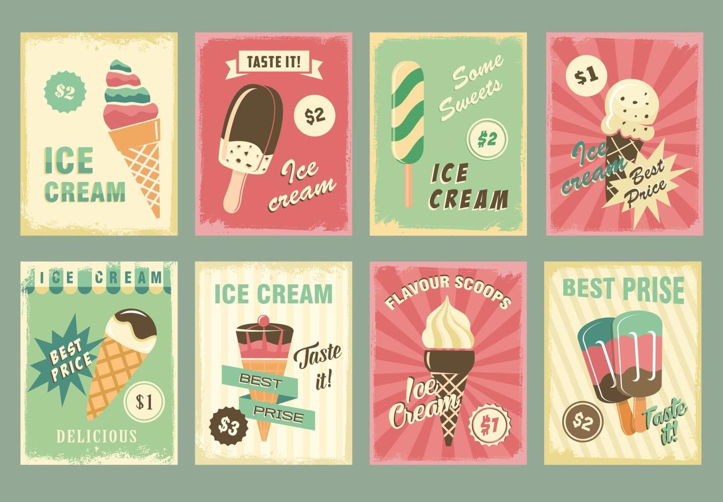 Ice cream vector price cards for fresh desserts