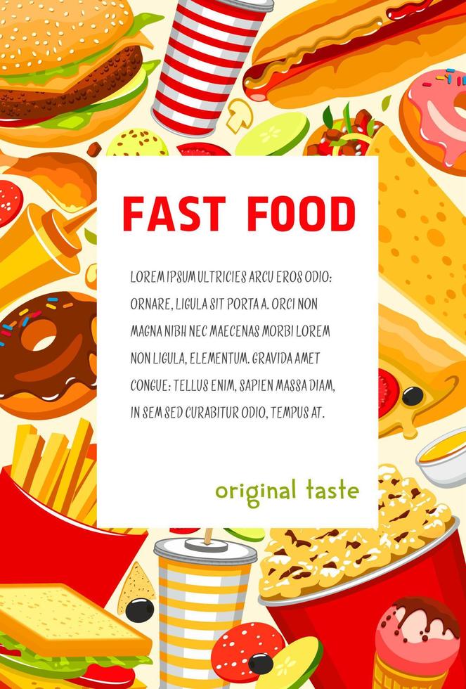 Vector fast food poster of snacks and meals