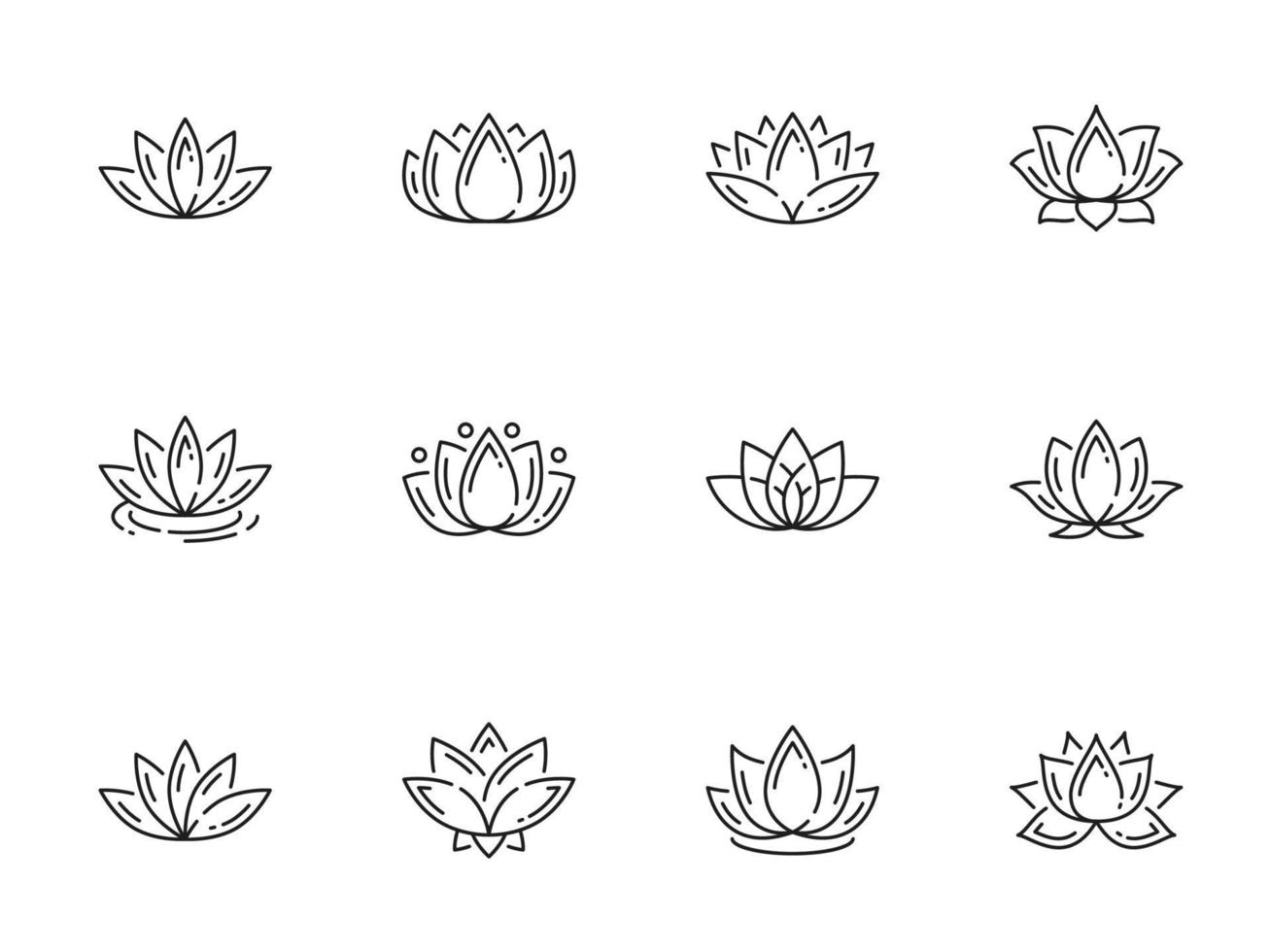Outline line lotus icons, flowers or yoga symbols vector