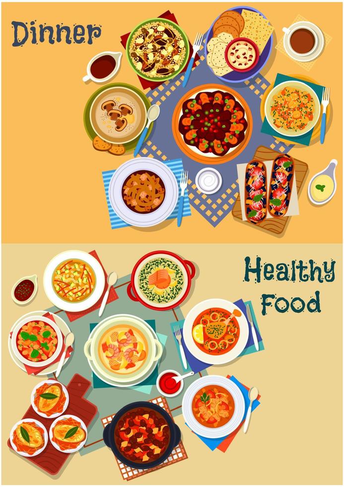 Soup and salad of world cuisine icon set design vector