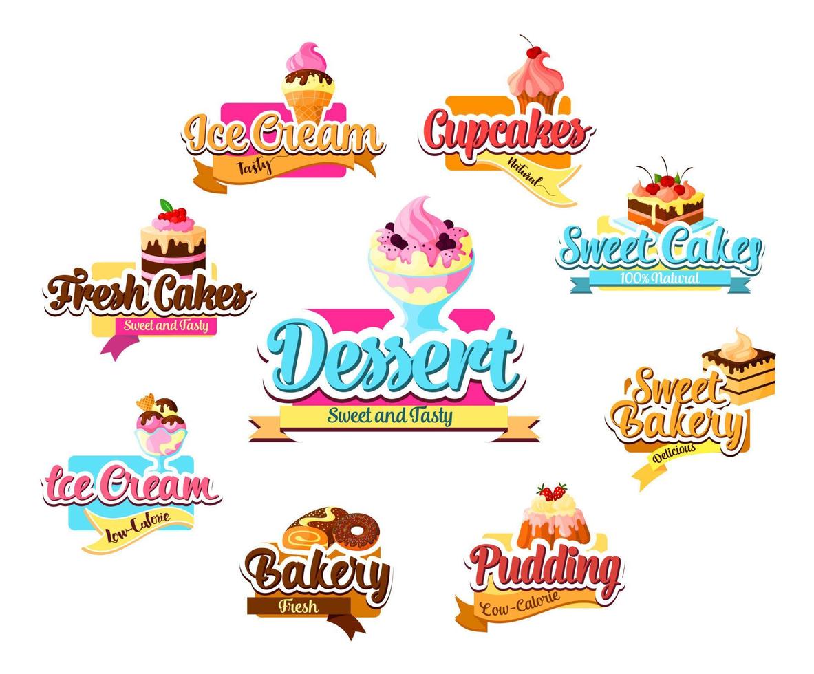 Bakery dessert, pastry and ice cream symbol set vector