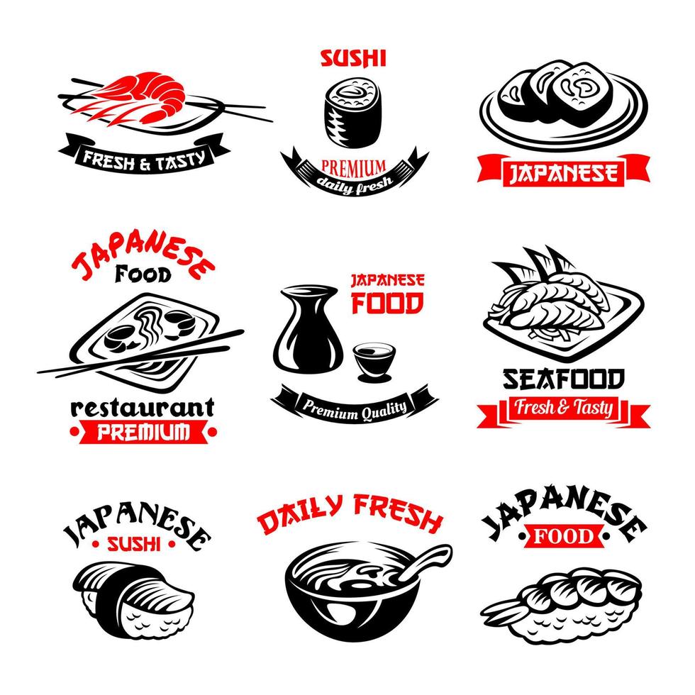 Vector icons for Japanese sushi food restaurant