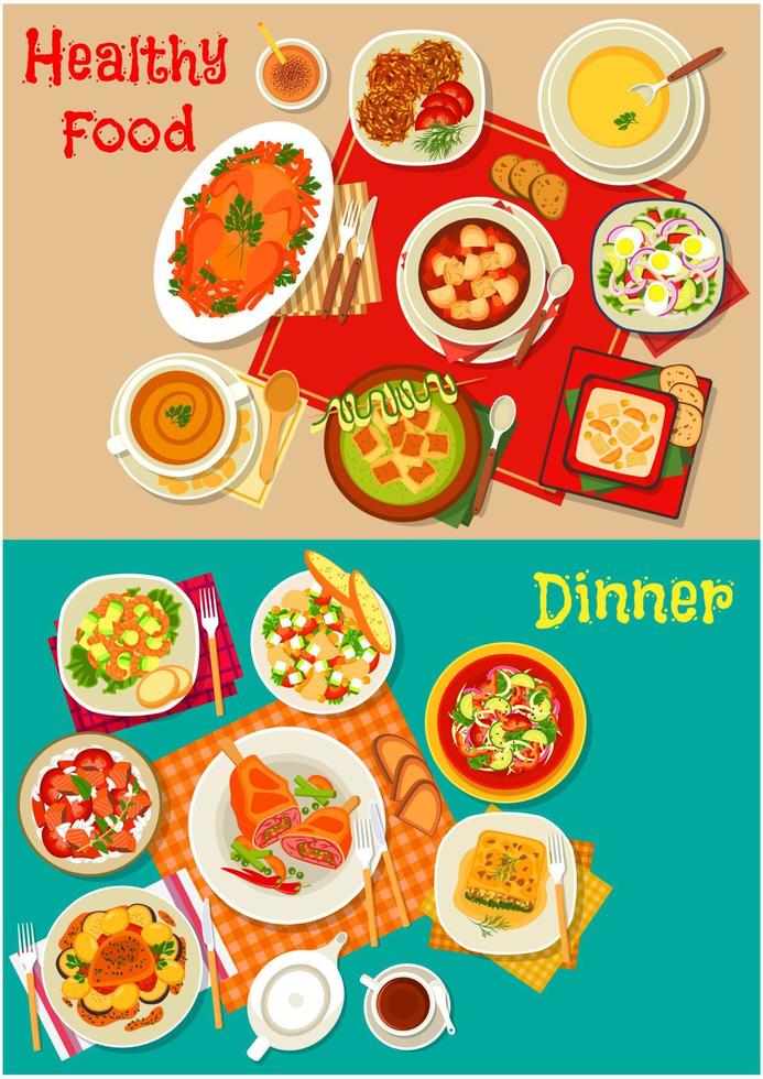 Fresh salad, soup and meat dishes icon set design vector