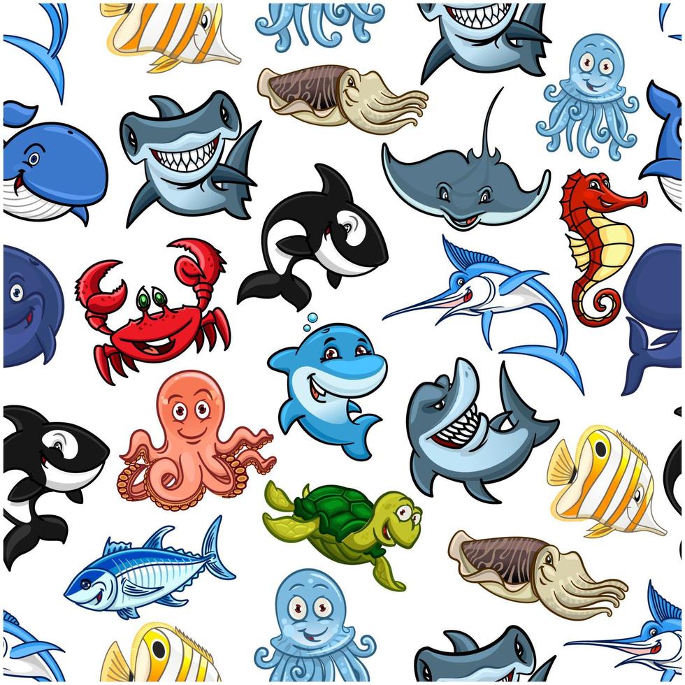 Sea fishes, ocean animals vector cartoon pattern