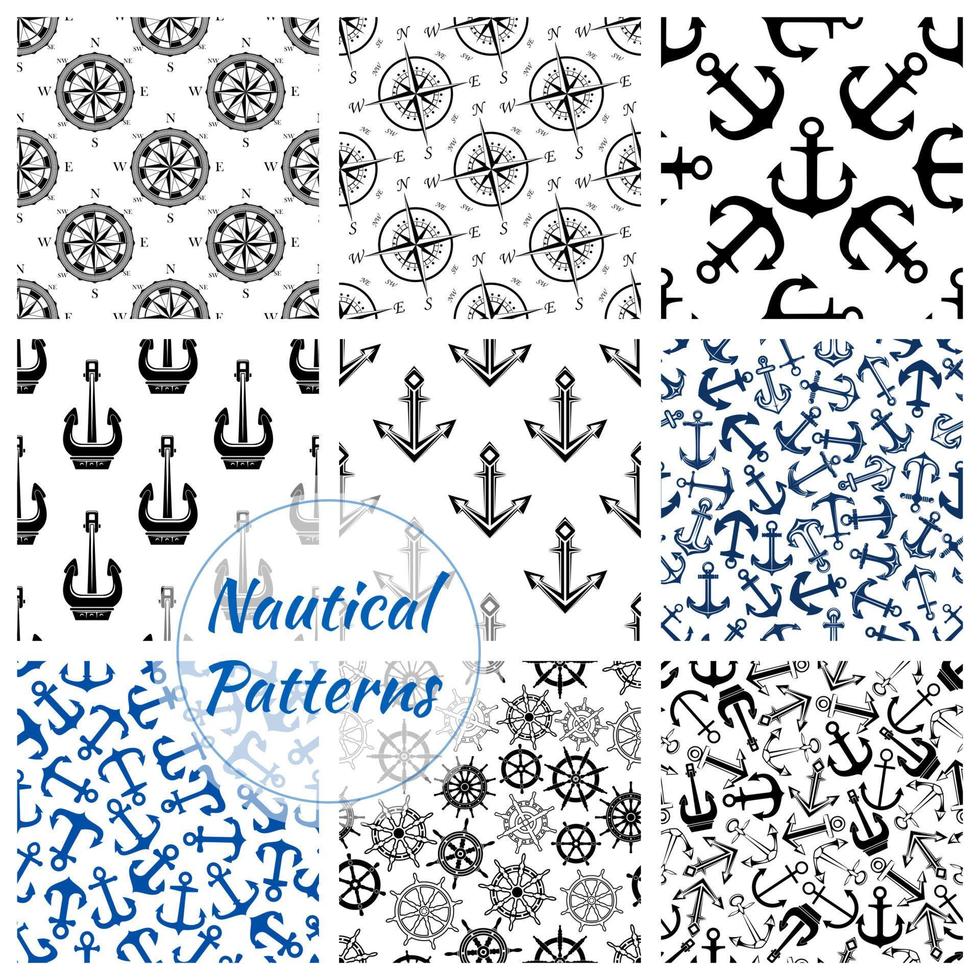 Nautical anchor, helm, compass seamless pattern vector