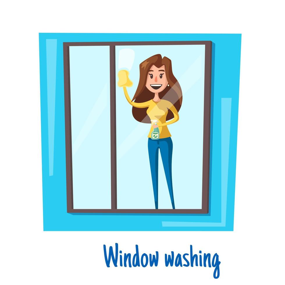 Window washing woman house cleaning vector concept