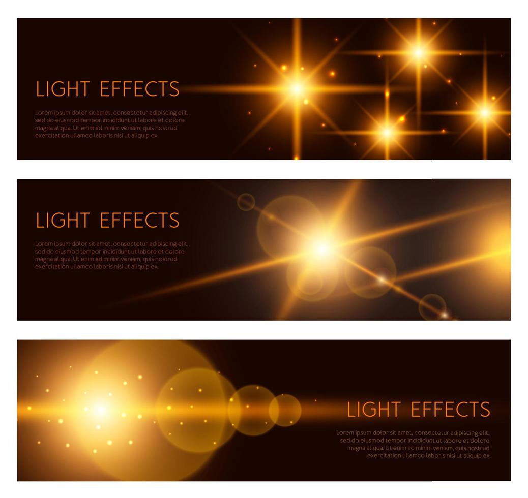 Banners with lens flare, star light or golden glow vector