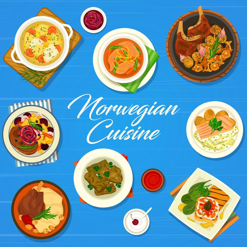 Norwegian cuisine menu cover, fish and meat food vector