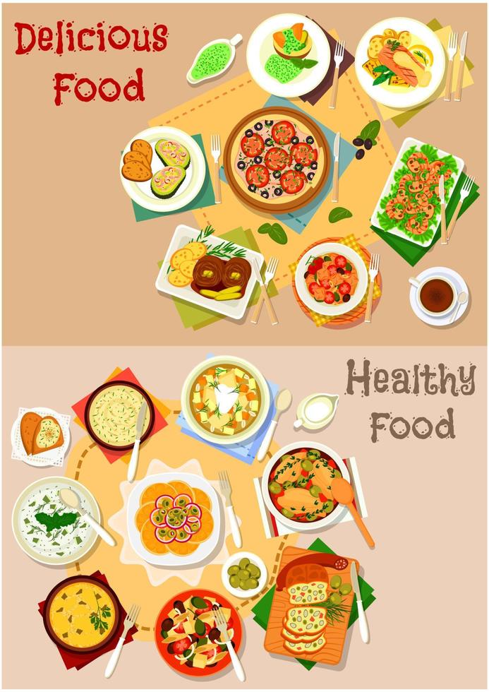 Seafood, olive and pickles dishes icon set vector