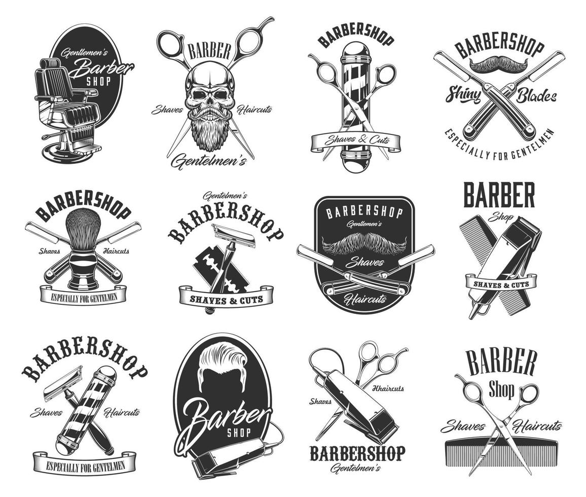 Barbershop, shave and hairdresser icons vector