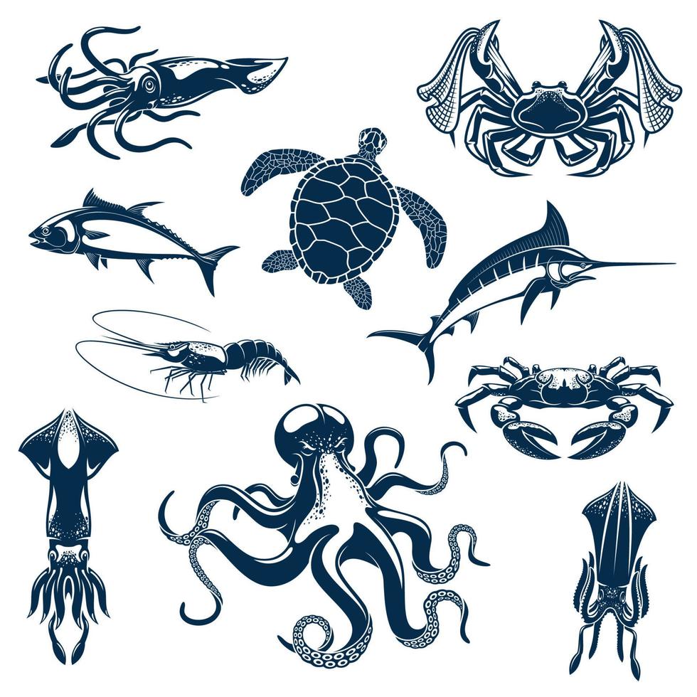 Sea fish and ocean animals vector isolated icons