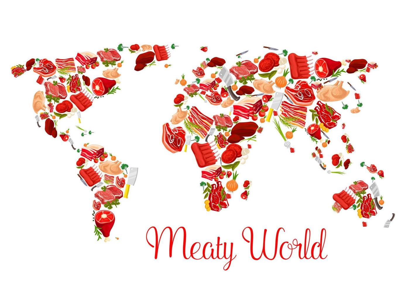 Meat world map poster with beef, pork, ham, bacon vector