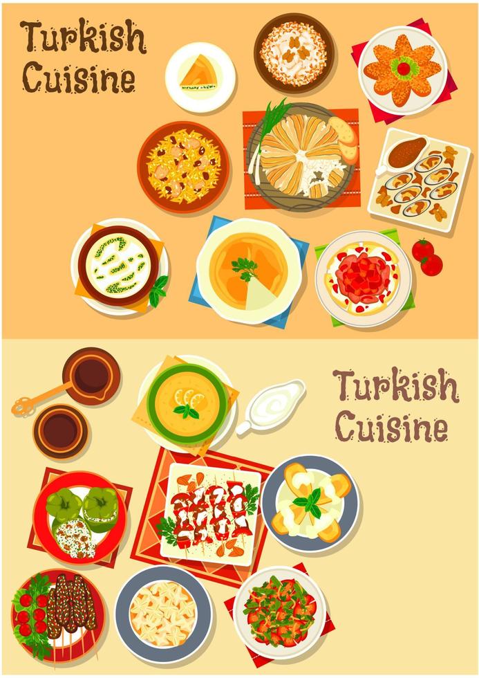 Turkish cuisine traditional dinner dishes icon vector