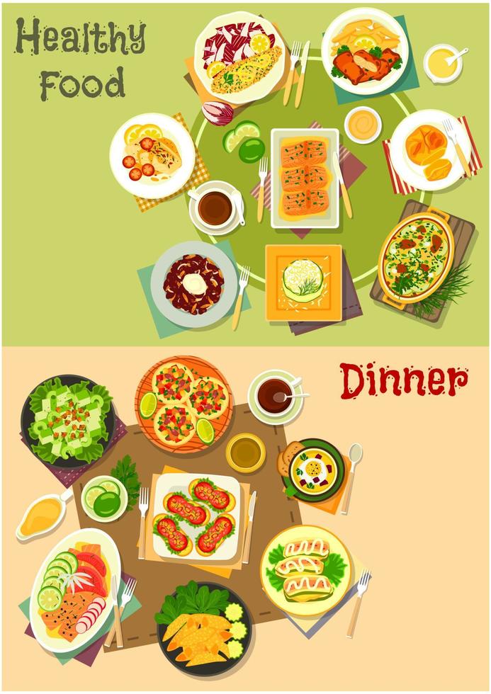 Main dinner dishes with appetizers icon set vector