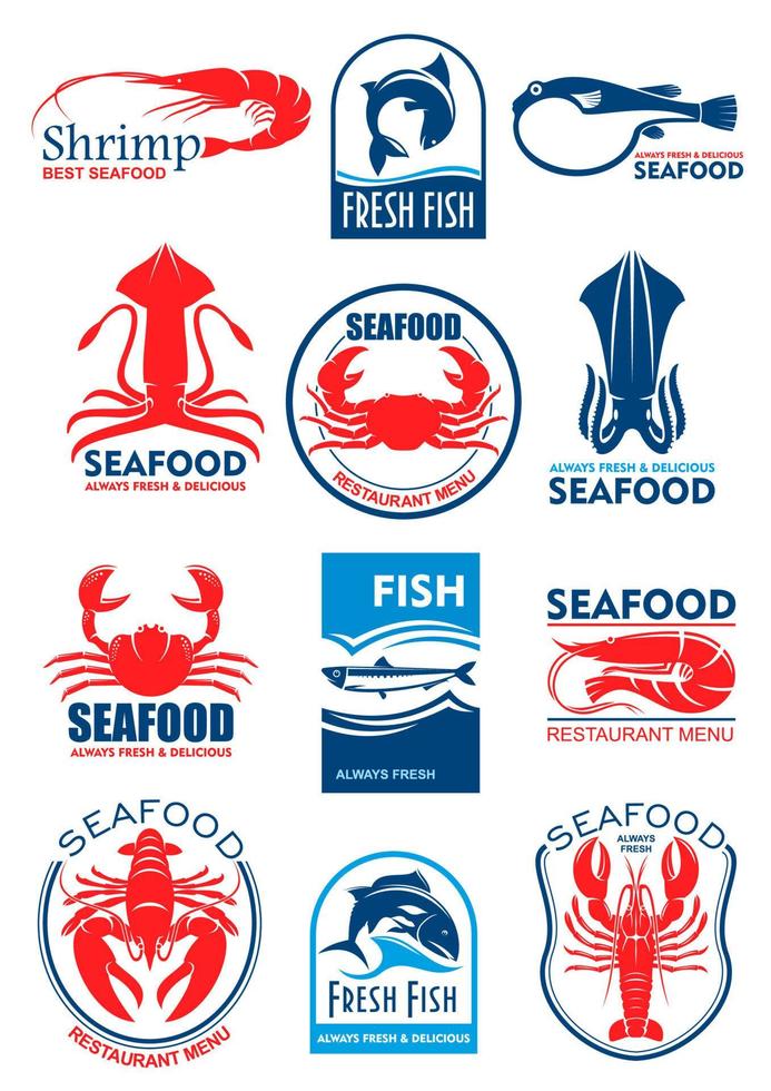 Seafood vector icons for restaurant menu