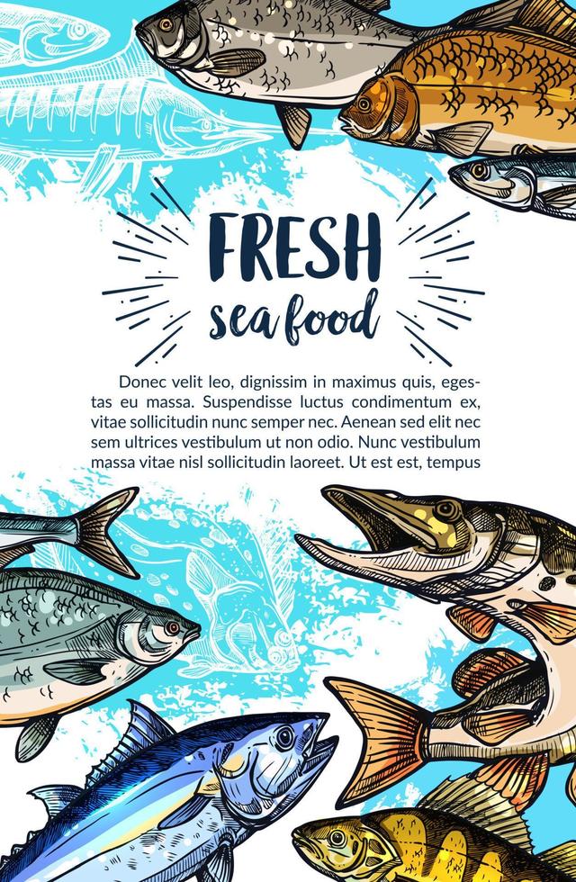 Seafood and freshwater fish sketch banner vector