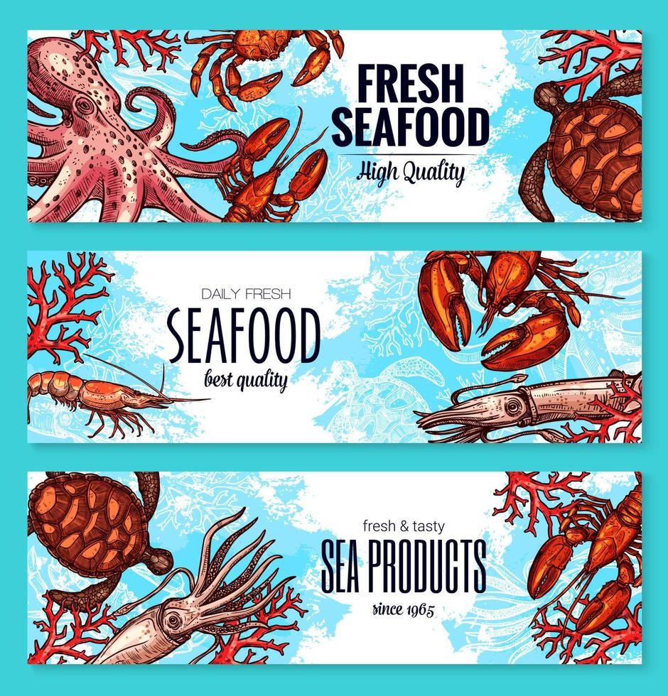 Vector seafood and fish sea product banners