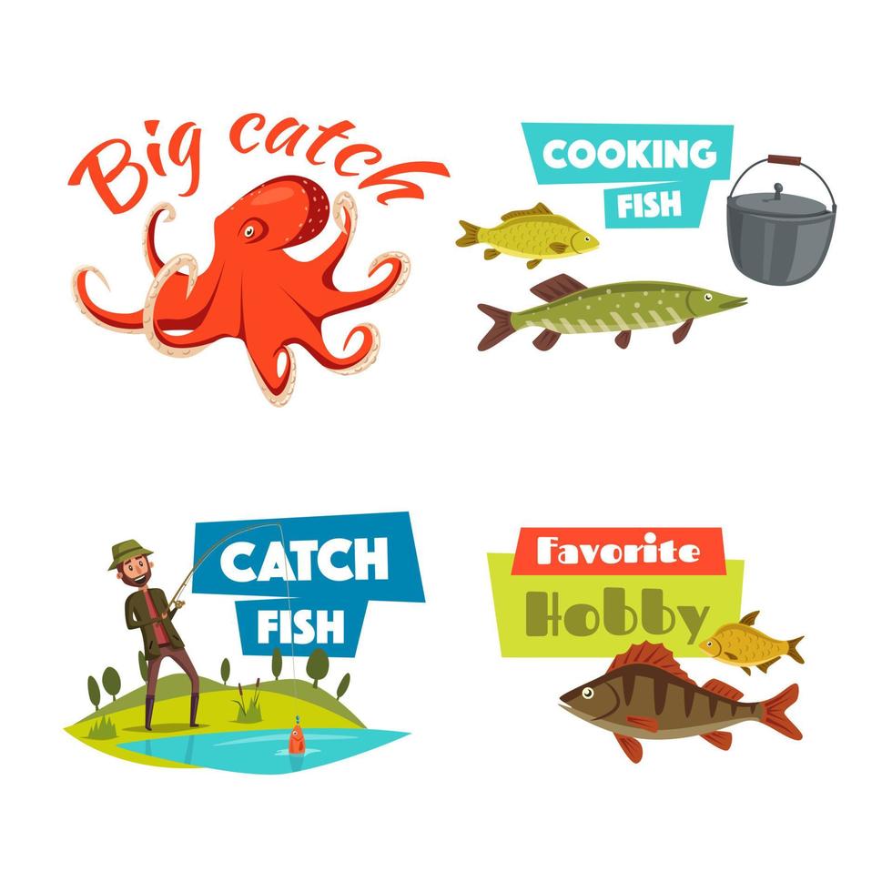 conjunto de iconos de dibujos animados de deporte y hobby de pesca vector