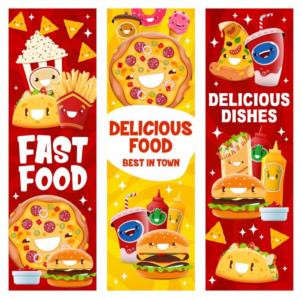 banners verticales de personajes de comida rápida de dibujos animados vector