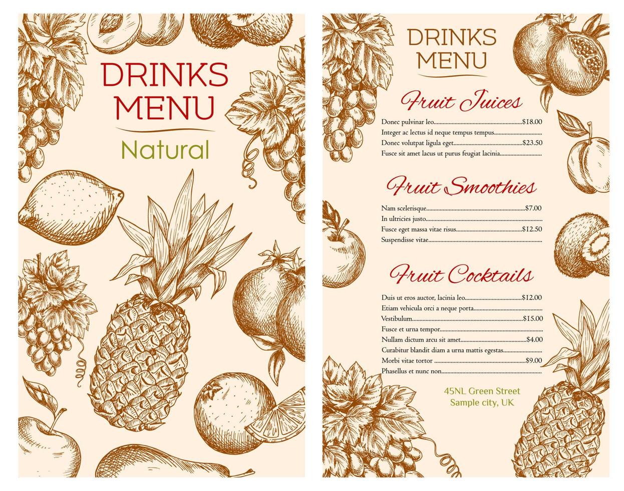 Fruit juice drinks menu of vector sketch fruits
