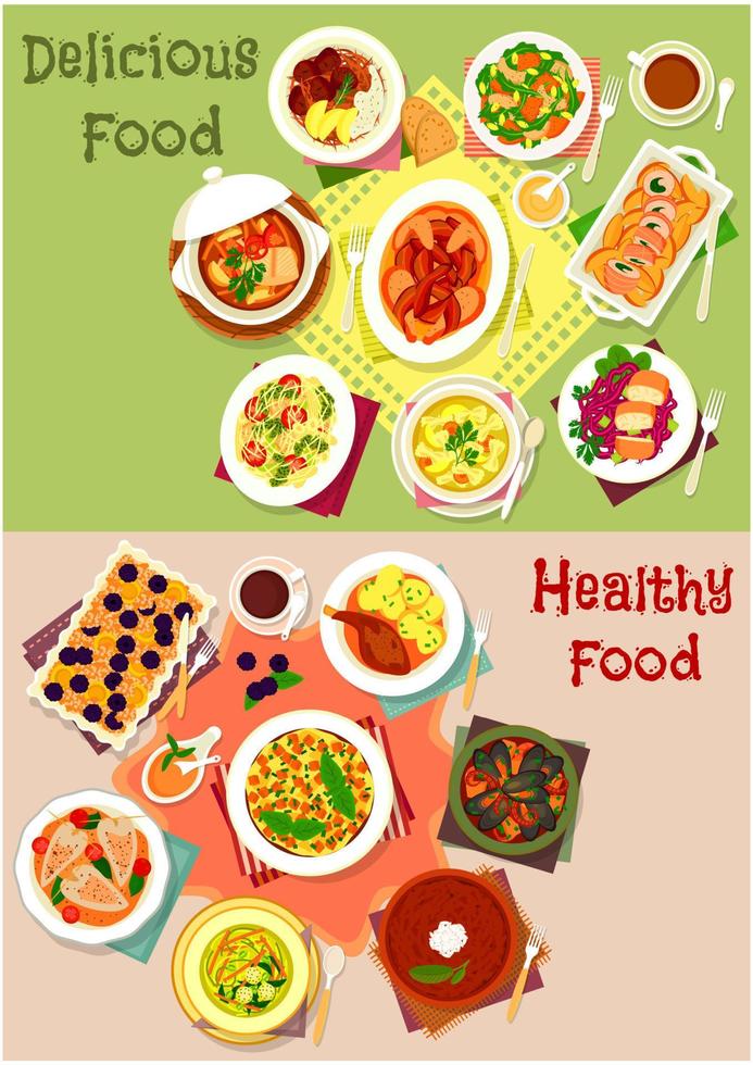 Dinner dishes top view icon set for food design vector