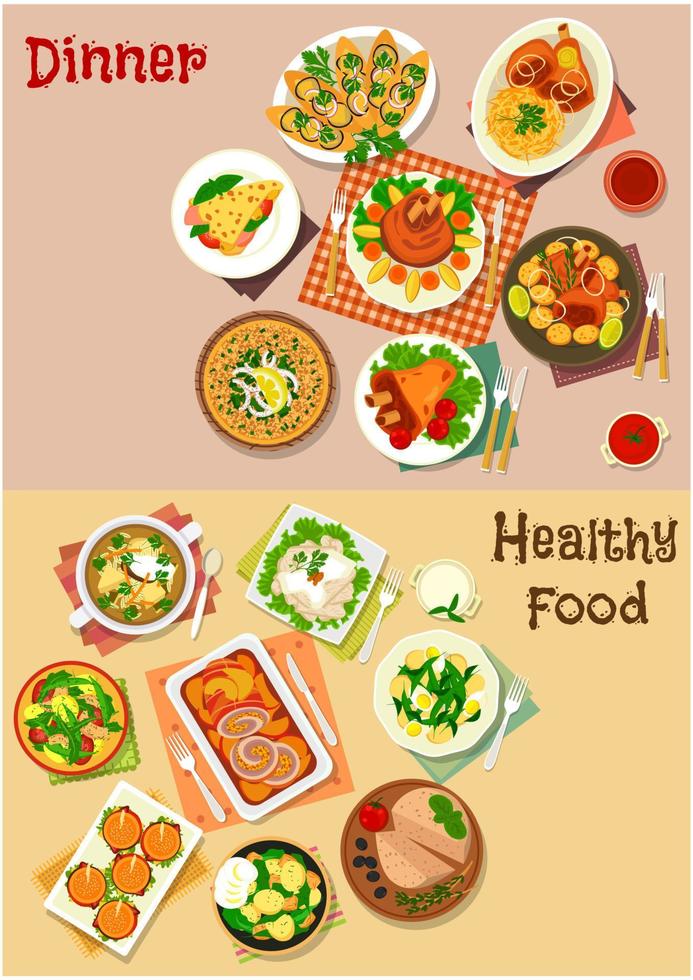 Meat dinner dishes with snacks icon set design vector