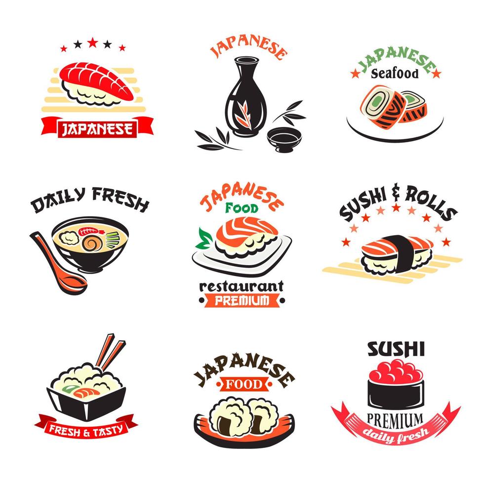 conjunto de iconos vectoriales de restaurante de comida de sushi japonés vector