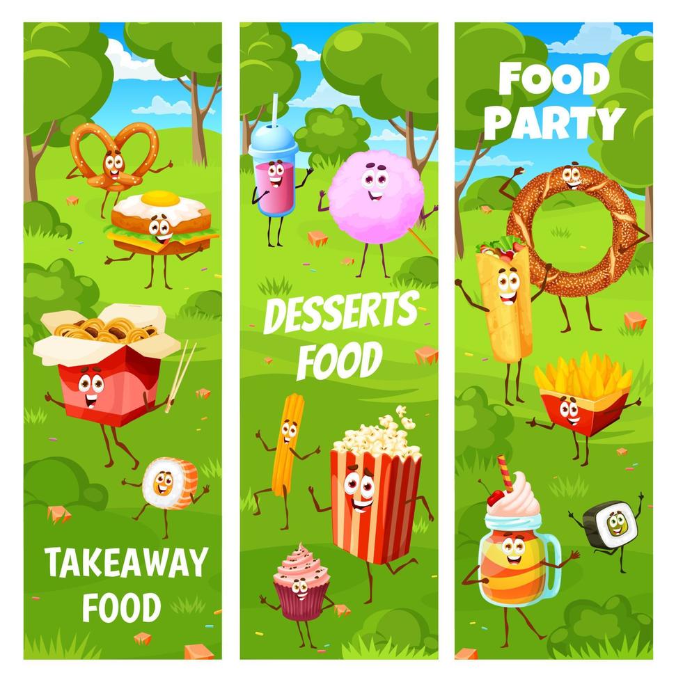 Fast food and desserts characters on summer party vector