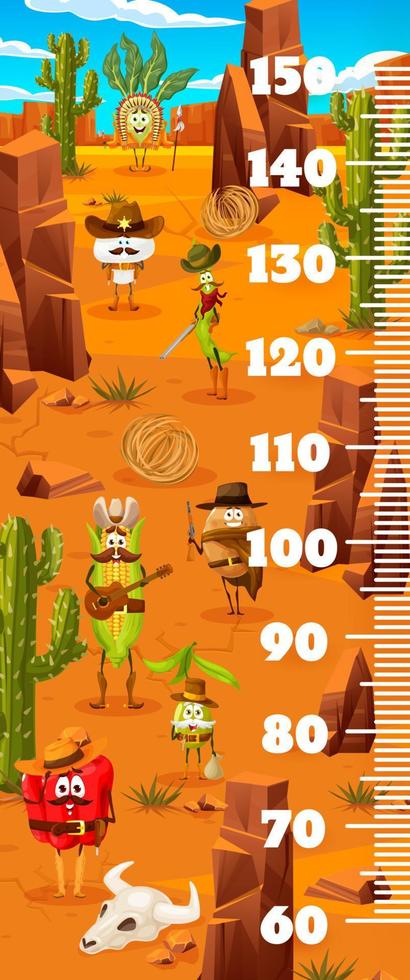Kids height chart with funny cowboy vegetables vector