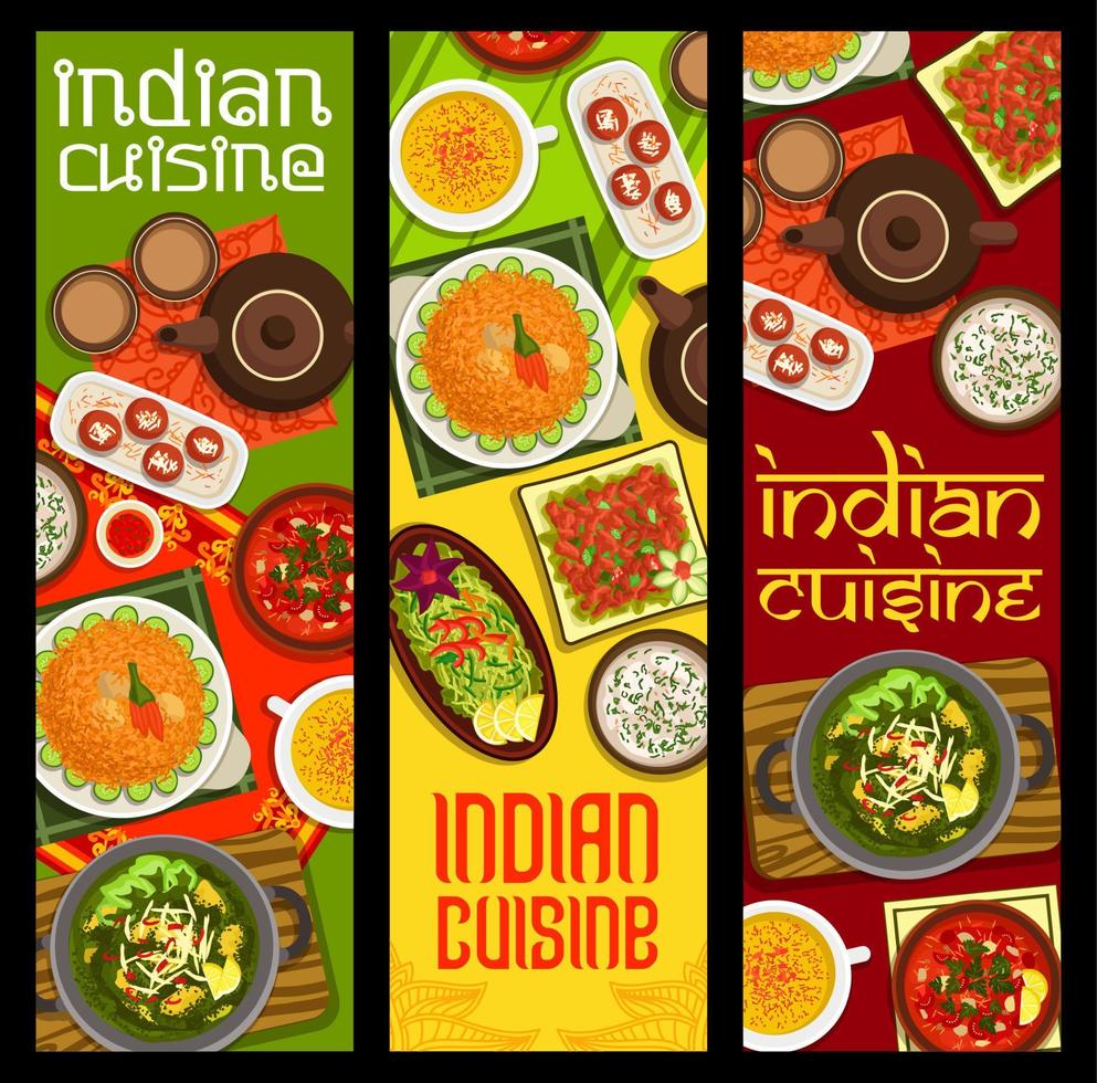 pancartas de comidas de cocina india con comida de especias asiáticas vector