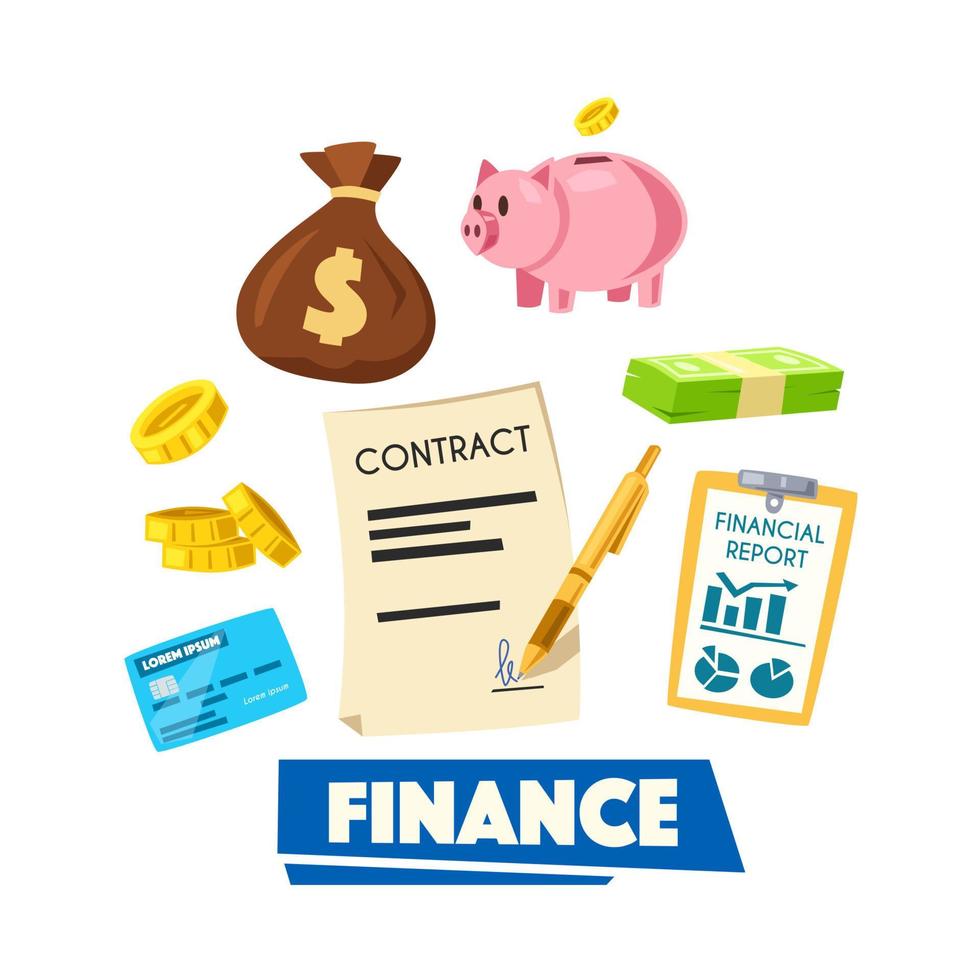 Finance poster with money, banking card and report vector