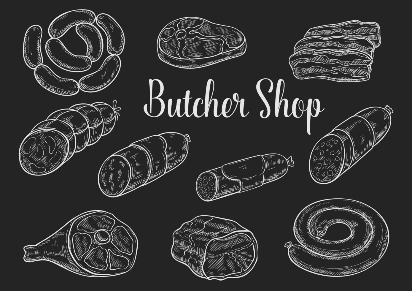 Meat and sausage chalk sketches on blackboard vector