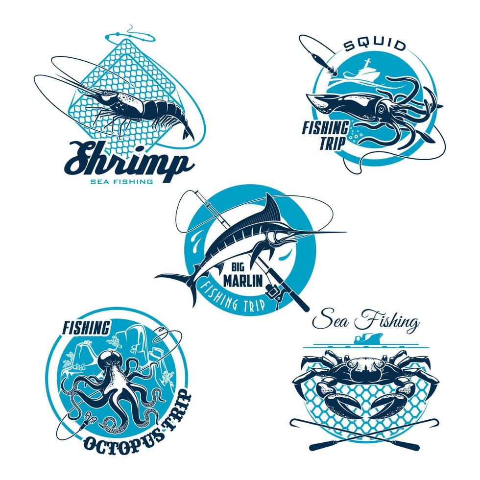 Sea fishing trip and sporting club symbol set vector