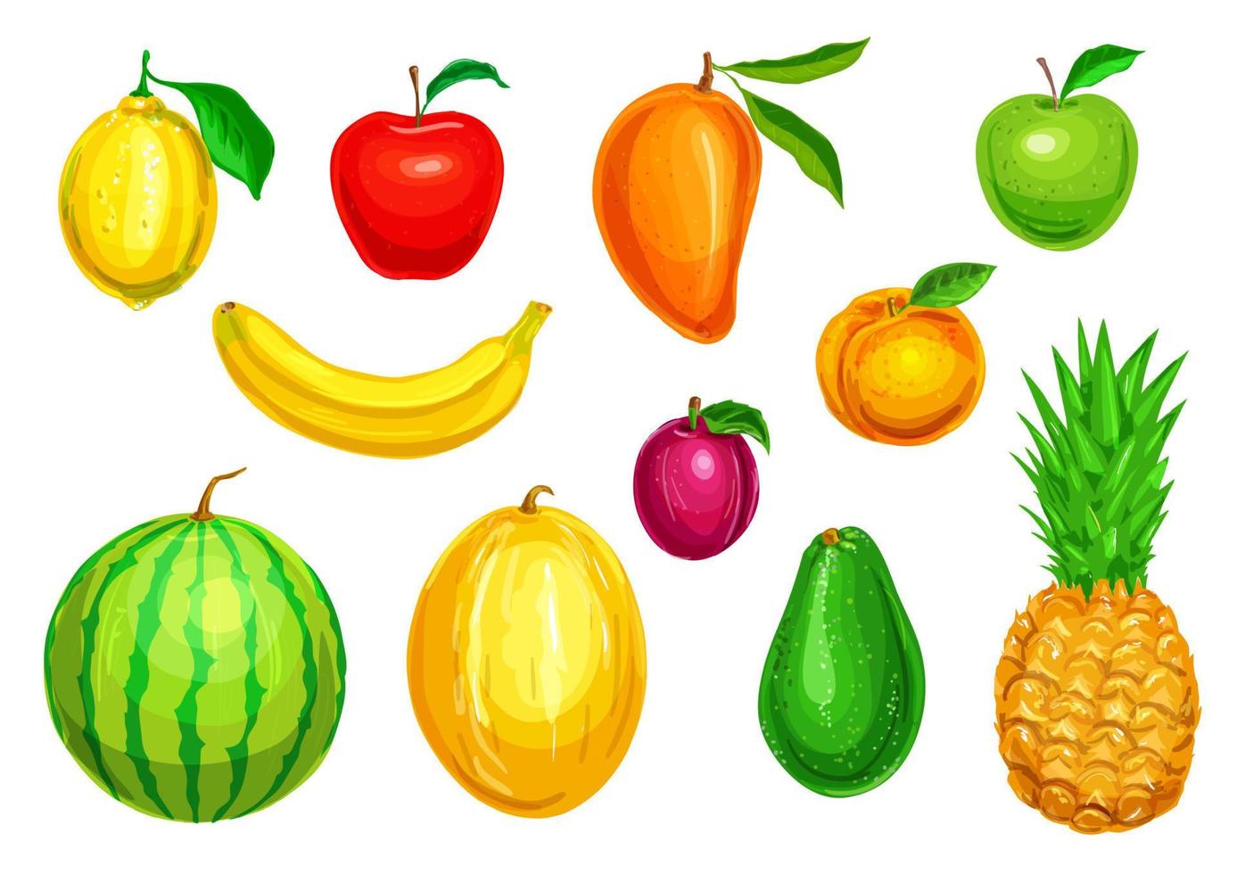 Tropical and garden fruit watercolor set vector