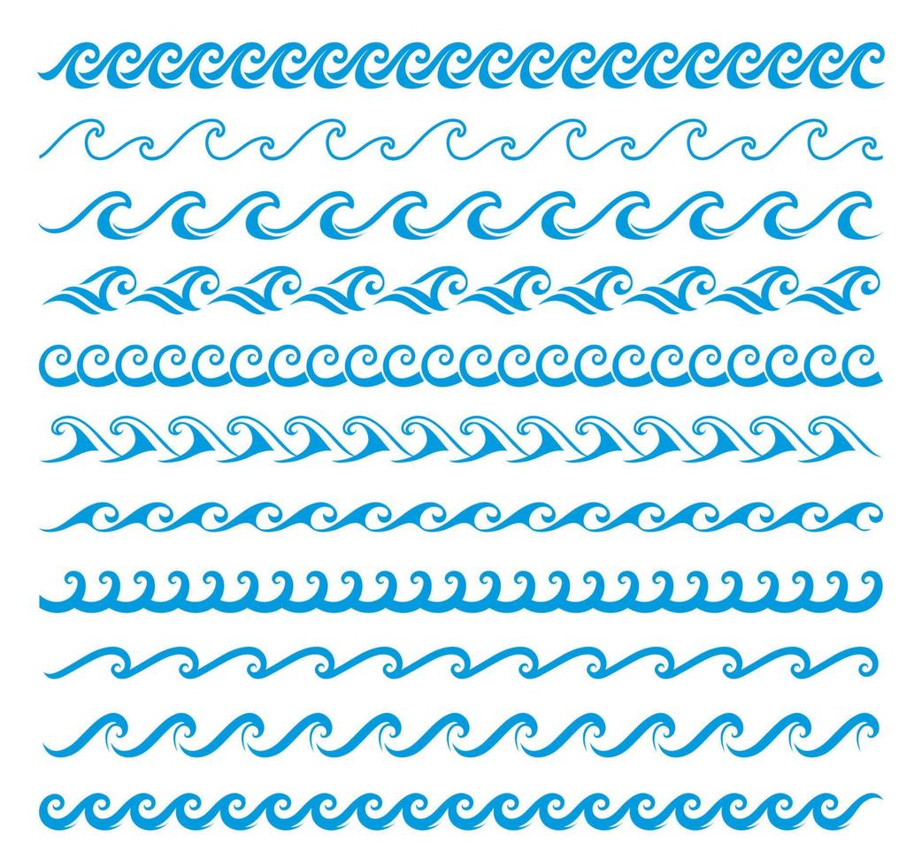 Sea and ocean surf wave lines, blue water borders vector