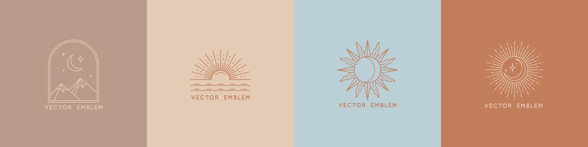 Sun and moon boho icons, vector set of symbols