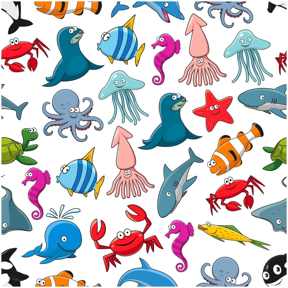 Cartoon fishes and ocean animals vector pattern