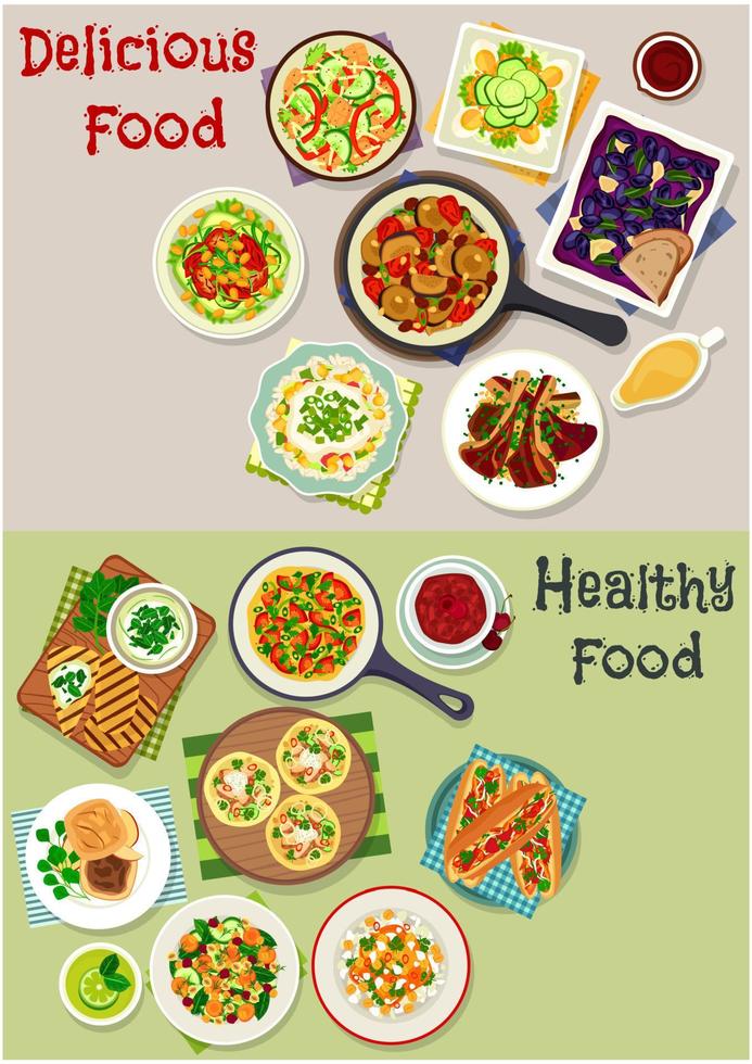 Tasty lunch icon set with salads and fruit dessert vector