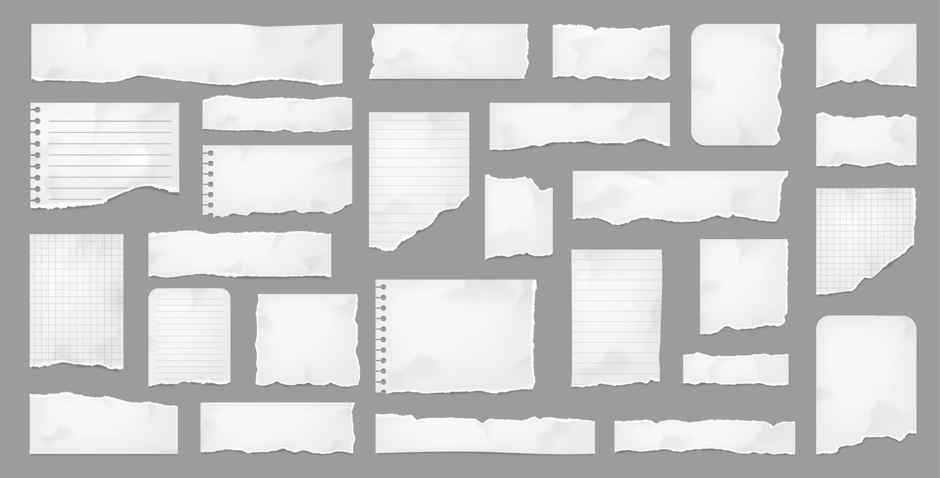 White torn paper, rip paper pieces and page strips vector