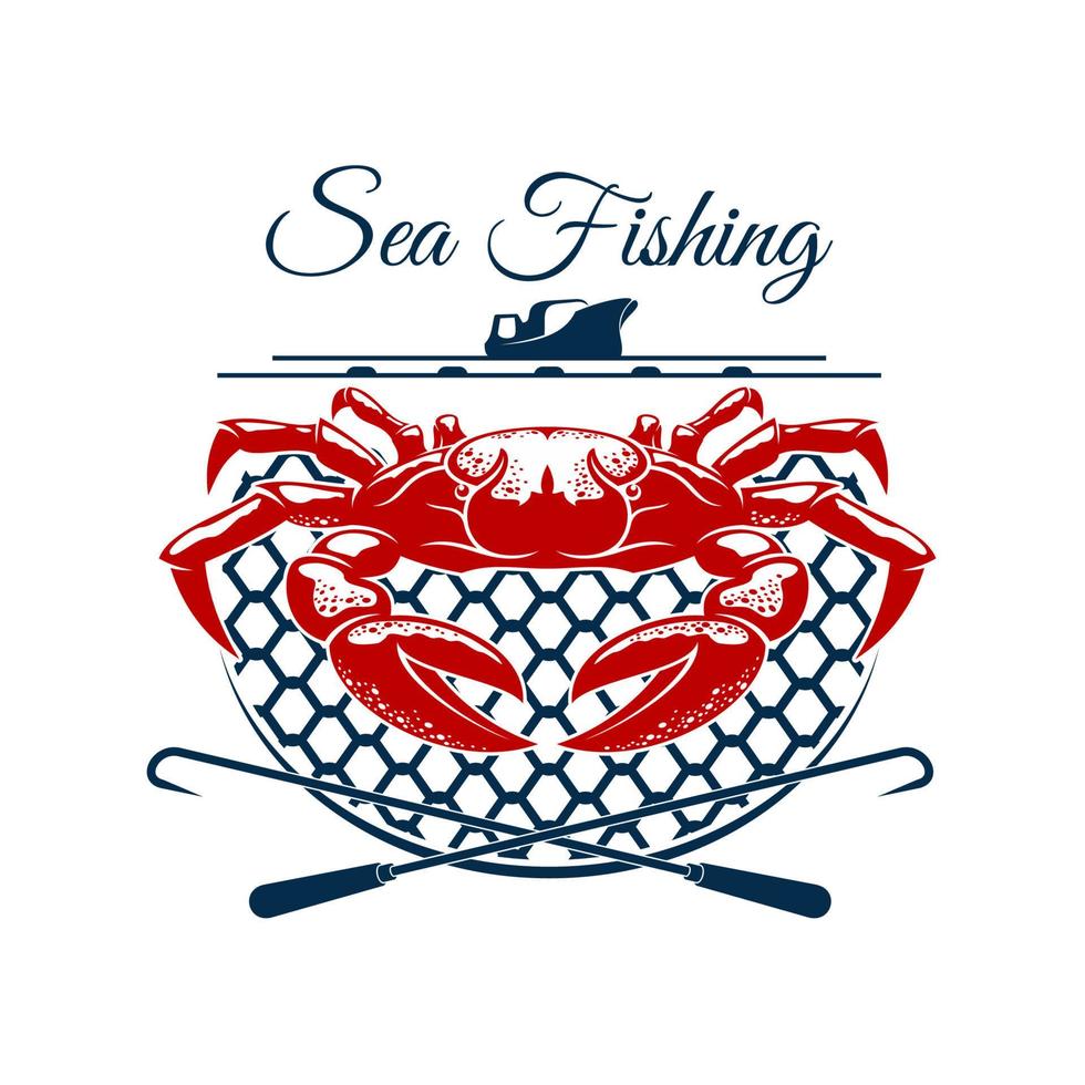 Sea fishing sign design with crab in net vector