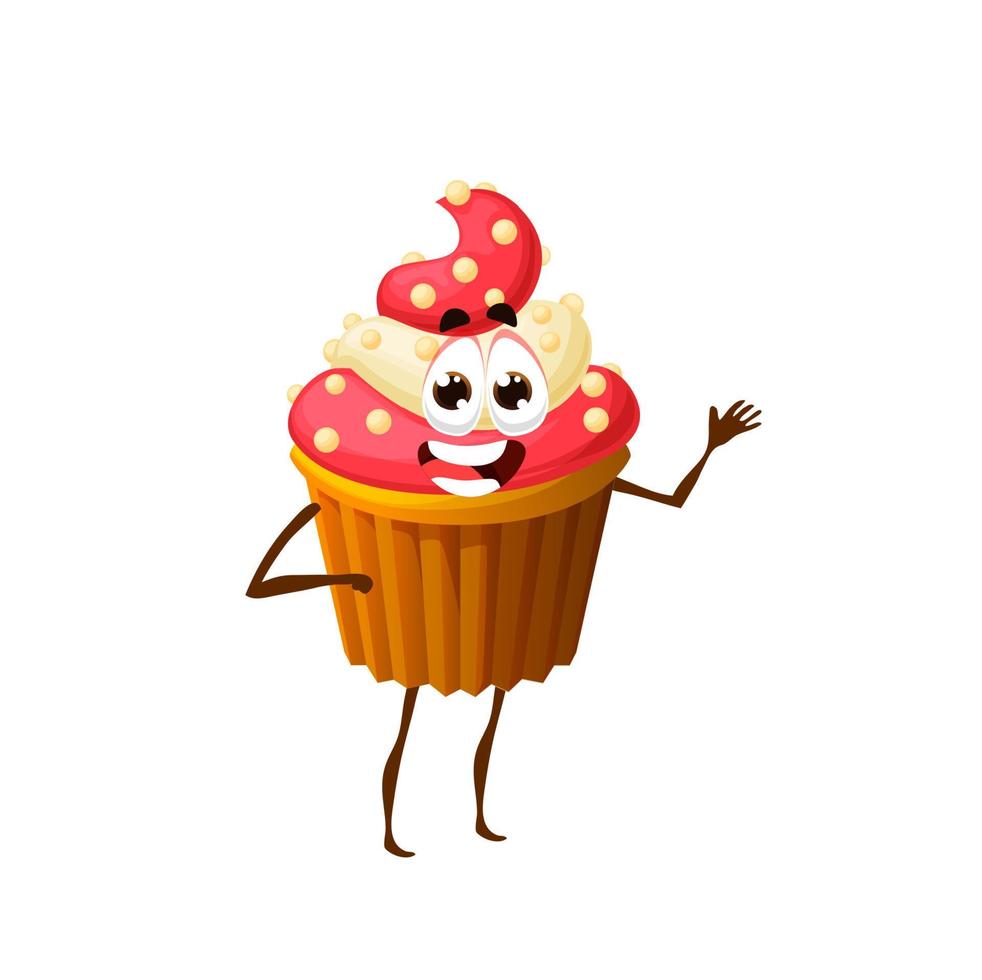 Cartoon strawberry cupcake character, funny muffin vector