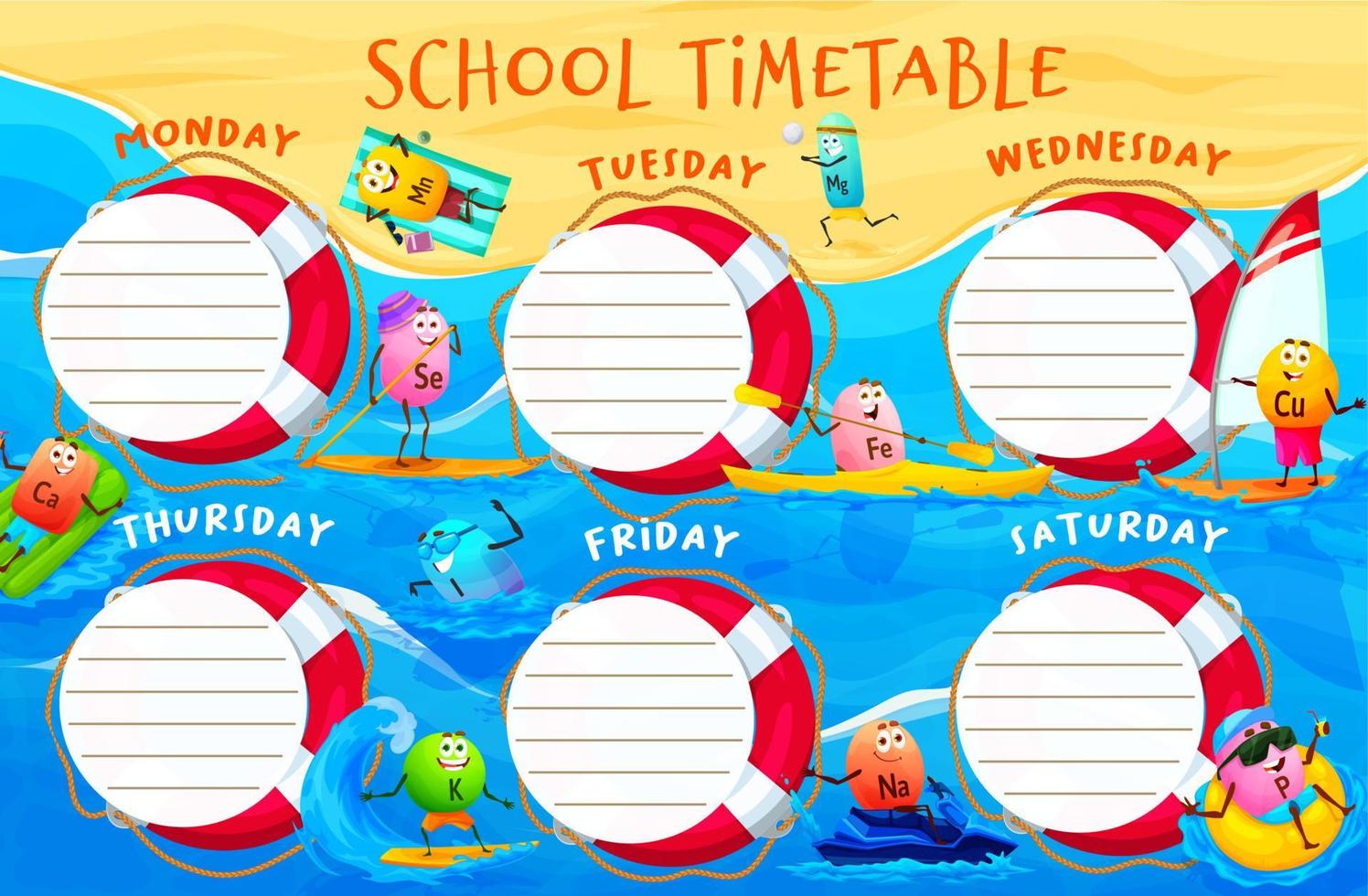 School timetable schedule, cartoon vitamins, beach vector