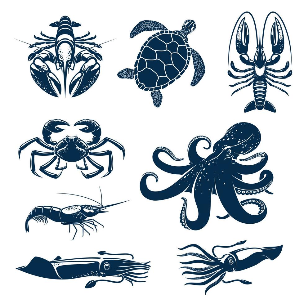 mariscos, conjunto de iconos de animales marinos para el diseño de alimentos vector