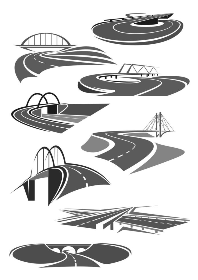 Vector icons of road tunnels and highway bridges
