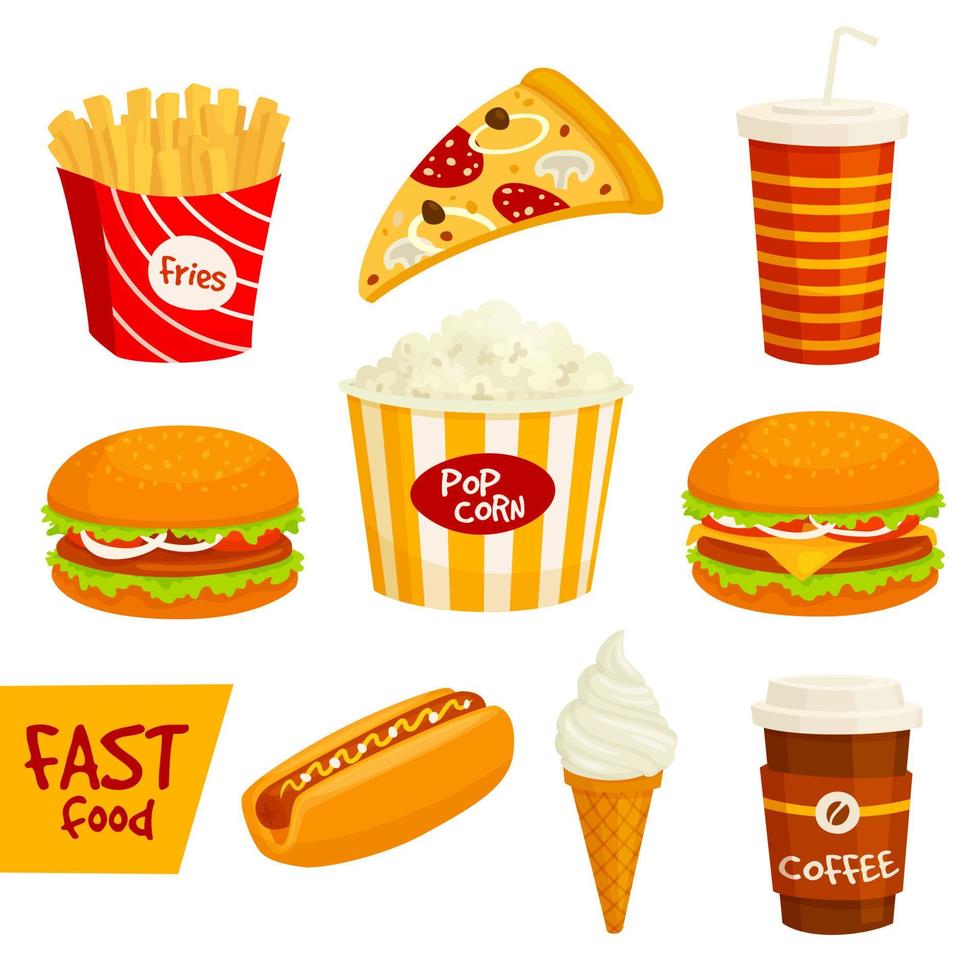 Fast food sandwich, drink, snack icon set vector