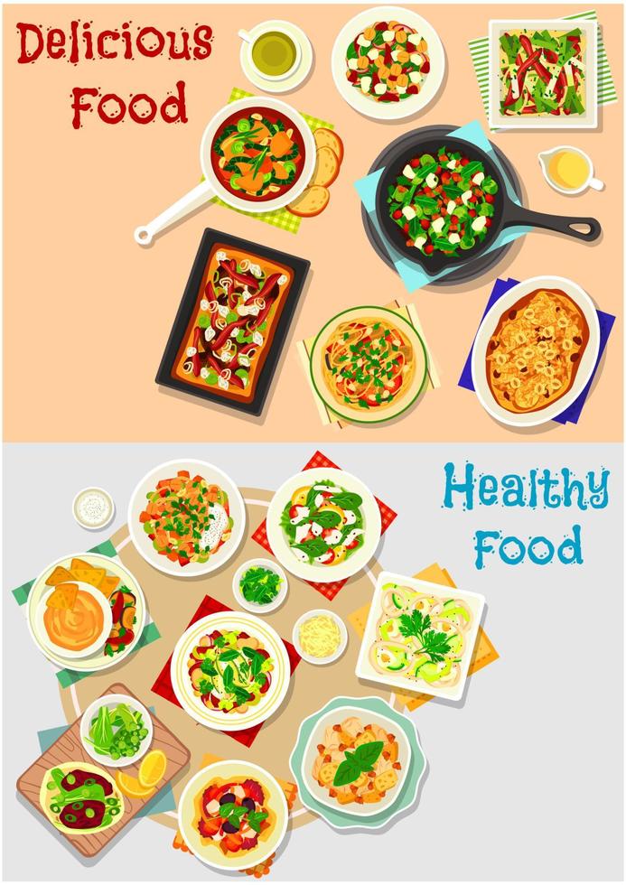 Tasty dishes for lunch menu icon set design vector